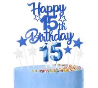Royal Blue Happy 15th Birthday Candles Cake Topper Set,Blue Number 15 Birthday Candles with Blue 15th Birthday Cake Toppers Star Cupcake Toppers for Girls Boys Birthday Anniversary Decorations