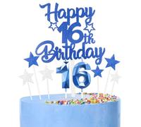 Royal Blue Happy 16th Birthday Candles Cake Topper Set,Blue Number 16 Birthday Candles with Blue 16th Birthday Cake Toppers Star Cupcake Toppers for Girls Boys Birthday Anniversary Decorations