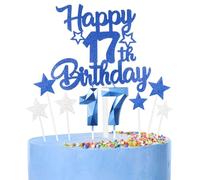 Royal Blue Happy 17th Birthday Candles Cake Topper Set,Blue Number 18 Birthday Candles with Blue 17th Birthday Cake Toppers Star Cupcake Toppers for Girls Boys Birthday Anniversary Decorations