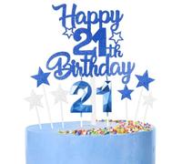 Royal Blue Happy 21st Birthday Candles Cake Topper Set,Blue Number 21 Birthday Candles with Blue 21st Birthday Cake Toppers Star Cupcake Toppers for Girls Boys Birthday Anniversary Decorations