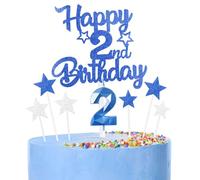 Royal Blue Happy 2nd Birthday Candles Cake Topper Set,Blue Number 2 Birthday Candles with Blue 2nd Birthday Cake Toppers Star Cupcake Toppers for Girls Boys Birthday Anniversary Decorations