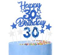 Royal Blue Happy 30th Birthday Candles Cake Topper Set,Number 30 Birthday Candles with 30th Birthday Cake Toppers Star Cupcake Toppers for Boys Men Birthday Anniversary Decorations