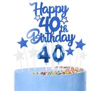 Royal Blue Happy 40th Birthday Candles Cake Topper Set,Number 40 Birthday Candles with 40th Birthday Cake Toppers Star Cupcake Toppers for Boys Men Birthday Anniversary Decorations
