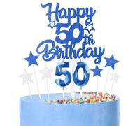 Royal Blue Happy 50th Birthday Candles Cake Topper Set,Number 50 Birthday Candles with 50th Birthday Cake Toppers Star Cupcake Toppers for Boys Men Birthday Anniversary Decorations
