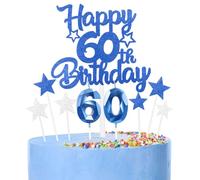 Royal Blue Happy 60th Birthday Candles Cake Topper Set,Number 60 Birthday Candles with 60th Birthday Cake Toppers Star Cupcake Toppers for Boys Men Birthday Anniversary Decorations