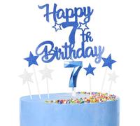 Royal Blue Happy 7th Birthday Candles Cake Topper Set,Blue Number 7 Birthday Candles with Blue 7th Birthday Cake Toppers Star Cupcake Toppers for Girls Boys Birthday Anniversary Decorations