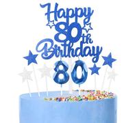 Royal Blue Happy 80th Birthday Candles Cake Topper Set,Blue Number 80 Birthday Candles with Blue 80th Birthday Cake Toppers Star Cupcake Toppers for Girls Boys Birthday Anniversary Decorations