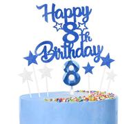 Royal Blue Happy 8th Birthday Candles Cake Topper Set,Blue Number 8 Birthday Candles with Blue 8th Birthday Cake Toppers Star Cupcake Toppers for Girls Boys Birthday Anniversary Decorations