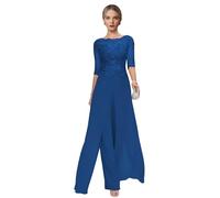 Royal-Blue Mother of The Bride Dresses Plus Size 2 Pieces Trouser Suits for Women UK Flowy Lace Chiffon Trouser Suits 12