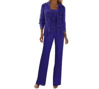 Royal-Blue Mother of The Bride Trouser Suits Petite 3 Pieces Chiffon Wedding Outfit for Older Ladies Lace Formal Dress Size 12