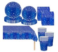 Royal Blue Shiny Glitter Diamond Paper Tableware,81pcs Bling Dark Blue Birthday Party Dinnerware Paper Plates Cups Napkins and Tablecloth Kit,Birthday Christmas Graduation Party Supplies Table Décor