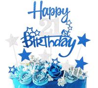 Royal Blue Silver Happy 21st Birthday Cake Toppers,21st Birthday Decorations for Boy,Personalised Cake Topper Blue Silver Star Cake Toppers for Girls Boys Birthdayparty Decorations Supplies