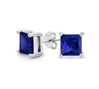 Royal Blue Square Cubic Zirconia Brilliant Princess Cut AAA CZ Stud Earrings .925 Sterling Silver Simulated Sapphire
