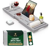 ROYAL CRAFT WOOD Luxury Bamboo Bathtub Caddy Tray with Book and Wine Holder - One or Two Person Bath and Bed Tray with Extending Sides - Free Soap Dish - (Gray)