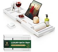 ROYAL CRAFT WOOD Luxury Bathtub Caddy Tray, 1 or 2 Person Bath and Bed Tray, Bath Tub Table Caddy with Extending Sides, Adjustable Organizer Tray for Bathroom - Free Soap Dish (White)