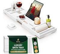 ROYAL CRAFT WOOD Luxury Bathtub Caddy Tray, 1 or 2 Person Bath and Bed Tray, Bath Tub Table Caddy with Extending Sides, Adjustable Organizer Tray for Bathroom - Free Soap Dish (White)