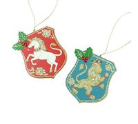 Royal Crest Set of 2 Wooden Shield Christmas Decorations (8cm) - Unicorn & Lion
