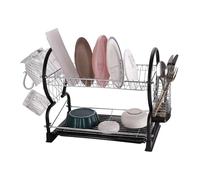 Royal Cuisine 2 Tier Dish Drainer Rack with Drip Tray Stainless Steel Dish drainer with Draining Board and Utensils Holder Dish Drying Rack for Small Kitchen Countertop (Black)