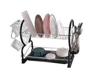 Royal Cuisine 2 Tier Dish Drainer Rack with Drip Tray Stainless Steel Dish drainer with Draining Board and Utensils Holder Dish Drying Rack for Small Kitchen Countertop (Black)
