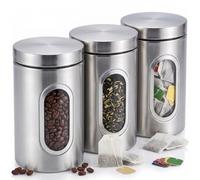 Royal Cuisine 3 Piece Stainless Steel Kitchen Canister Set with Secure Lids & Clear Viewing Window Round Multi Food Storage Jars for Tea Coffee Sugar Canisters & Dry Foods Containers - Silver