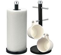 Royal Cuisine Black Stainless Steel Kitchen Roll Holder and Mug Tree Set Paper Towel Holder Kitchen Towel Holder & Cup Holder with 6 Hooks Weighted Anti-Slip Base Stylish Mug Holder Stand
