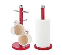 Royal Cuisine set of Stainless Steel Coffee Tea Mug Tree and Kitchen Roll Holder Mug Hanger Stand Paper Towel Holder Tea Coffee Cup Holder with 6 Hooks Kitchen Towel Holders Mug Holder Kitchenware Red