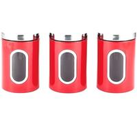 Royal Cuisine Stainless Steel Round Canister Set Of 3 Clear Window and Multi Food Storage Jars (Red)