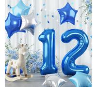 Royal Dark Blue Large Numbers Balloons 12, 40 Inch Self Inflating Light Baby Teal Blue Helium 12 Balloon Decor, Silver Star Foil Mylar Balloon for Boys 12th 21st Birthday Party Anniversary Decoration