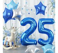 Royal Dark Blue Large Numbers Balloons 25, 40 Inch Self Inflating Light Baby Teal Blue Helium 25 Balloon Decor, Silver Star Foil Mylar Balloon for Men 25th 52nd Birthday Party Anniversary Decoration