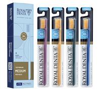 Royal Denta Manual Toothbrushes Multipack, Medium Firm Toothbrush for Adults, Dual Length Gold Infused Soft Bristles, Interdental Cleaning & Flossing Tooth Brush Set, Pack of 4 (Mutli-Colour)