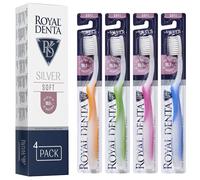 Royal Denta Silver Soft Bristle Toothbrushes Pack of 4, Soft Brush for Sensitive Teeth, Dual Length Bristle Toothbrush for Interdental Cleaning, Silver Particles to Prevent Bacteria, Multi-Colour