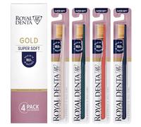 Royal Denta Toothbrushes Multipack for Adults, Long Bristle Toothbrush with Gold Infused Soft Bristles, Flossing Interdental Cleaning, Sensitive Teeth & Gums, Pack of 4 (Multi-Colour)