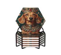 Royal Dog Portrait with Floral Crown Coasters Set of 6 with Holder Drink Coaster Back Non-Slip Tabletop Protection Coffee Bar Accessories for House Warming Gifts New Home Kitchen Bar Decor 4 Inches