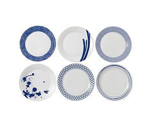 Royal Doulton 40034435-Large Set of 6, Pacific Blue Collection Tableware Perfect for Breakfast, Lunch and Dinner-Blue & White Plates, 29cm, Porcelain