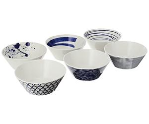 Royal Doulton Bowls, Stoneware, Designed to Mix & Match, 1815 Pacific 16cm/6.3in, Blue Mixed Patterns, Set of 6