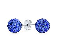 Royal Electric Blue Pave Crystal Disco Ball Stud Earrings for Women Round Simple Basic Design .925 Sterling Silver - 8MM Size