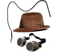 Royal Fashion 1980s Adventure Fancy Dress Set - Explorer Costume Kit with Safari Fedora Hat, Gold Goggles & Bull Whip - Adults Retro Action Party Accessory for Theme Nights, Cosplay & Halloween
