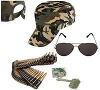 Royal Fashion Adult Unisex Army Camouflage Military Soldier Unisex Baseball Cap, Plastic Bullet Belt, Dog Tag & Aviator Glasses Kit Soldier Uniform Costume