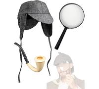 Royal Fashion Adult Victorian Detective Sherlock Holmes Deerstalker Hat Fake Smoking Pipe and Magnifier Fancy Dress Detective Costume Set - Perfect for Carnival & Cosplay, Multicolor