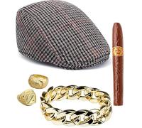 Royal Fashion Del Boy Fancy Dress Accessory Set - Adult Costume Kit with Flat Cap, Fake Gold Bracelet, 2 Gold Rings & Cigar - Only Fools Themed Outfit for 80s Parties, TV Cosplay & Stag Nights