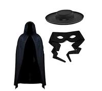 Royal Fashion Halloween Zorro Felt Hat Black Cape & Mask Costume Fancy Dress Set Men's Black Bandit Adult Spanish Assassin Party Fun Book Week Cosplay Outfits Superhero Zorro Villain