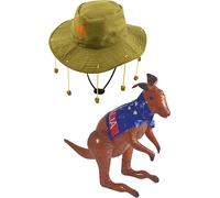 Royal Fashion Unisex Adult Australian Hat with Corks & Inflatable Kangaroo Green-Brown Set Fancy Dress Accessories Kit Premium Quality,One Size