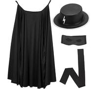 Royal Fashion Zorro Costume 4PC Set Bandit Costume Black Masked Hero Fancy Dress - Black Cape, Wide-Brim Flat Hat, Eye Mask & Waist Sash - Adult Bandit Ninja Warrior Outfit