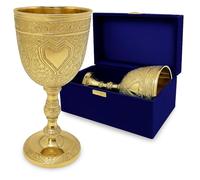 Royal Handmade Premium Engraved Solid Brass Vintage Wine Goblets, Decorative Plated Ornate With Blue Velvet Box, Medieval Gifts Chalice Glassware For Wedding Anniversary, Baptism (Gold)