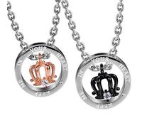 Royal His & Hers Couples Crown Ring Pendant Love Necklace Set, 48.3cm & 53.4cm Chains (Silver, Black, Rose Gold)