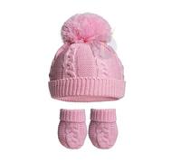 Royal Icon Baby Knitted Pom Pom Hat With Mittens Baby Boys Girls Winter Hat Mittens Set Cable Knit Single Pom Pom Bubble Hat Colours Available NB-12 Months RI6512 (Pink)