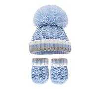 Royal Icon Baby Knitted Pom Pom Hat with Mittens Baby Boys Girls Winter Hat Mittens Set Cable Knit Single Pom Pom Bubble Hat Colours Available NB-12 Months RI6512 (Blue-Grey)