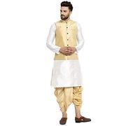 Royal Kurta Men's Silk Blend Kurta Dhoti & Nehru Jacket, White-Gold, 40