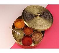 Royal Kurta Pure Brass Masala Box Set with Spoon Container 100 ML - Food Spice Storage Rack Indian Spice Boxes - Mandala 8 Inch (Geometrical)