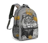 Royal Lion and Lioness Crown 16 Inch Backpack Vintage Artwork Print King Queen Couple Pride Daypack Dark Textured Travel Bag (02)